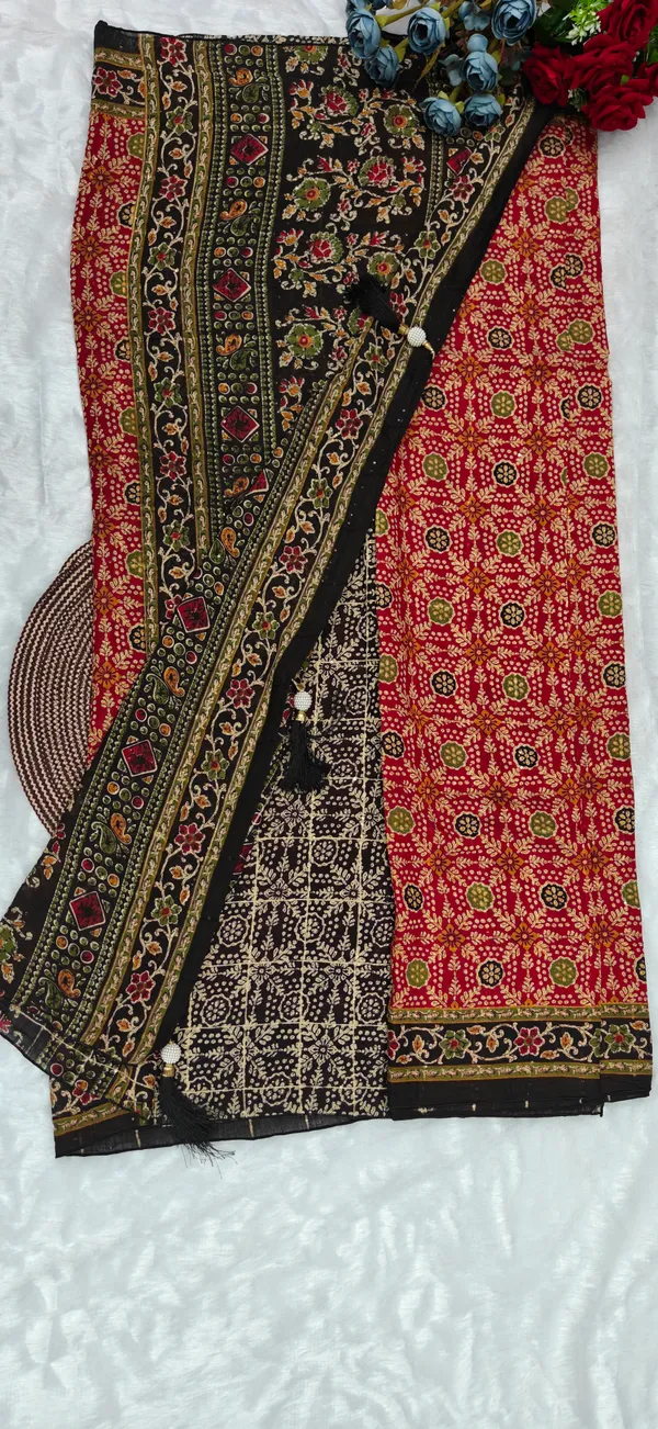 Red_Black_Soft_Maslin_Sequence_Work_Saree_For_Women