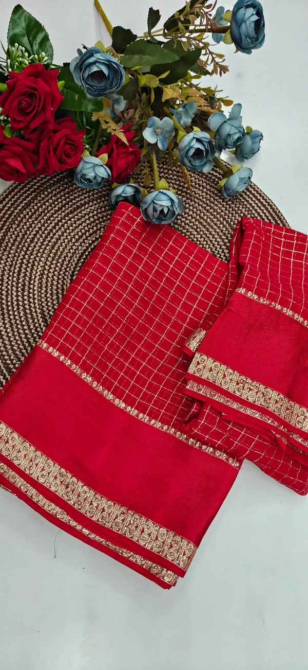 Red_Soft_Viscose_Georgette_Checkered_Zari_Border_Saree_For_Women