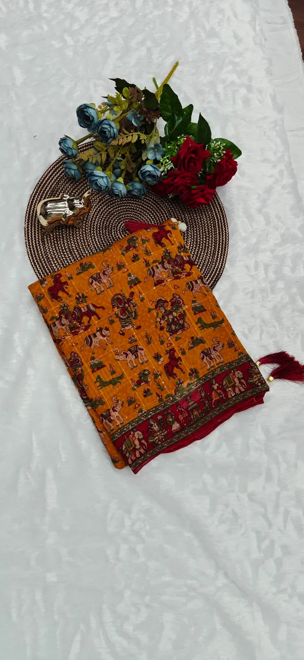 Mustard_Yellow_Red_Maslin_Silk_Sequin_Work_Saree_For_Women