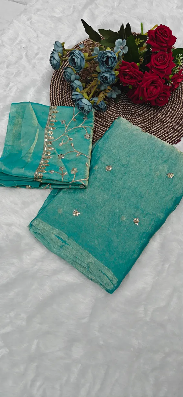Turquoise_Soft_Satin_Silk_Sequin_Embroidered_Saree_For_Women