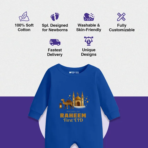 Blue_Cotton_Romper_With_Customized_Mashallah_Raheem_First_Eid_Print