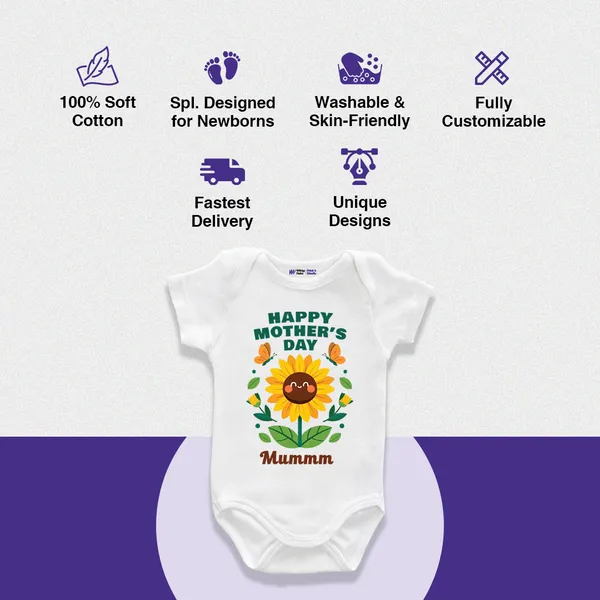 White_Cotton_Happy_Mother'S_Day_Sunflower_Print_Baby_Romper