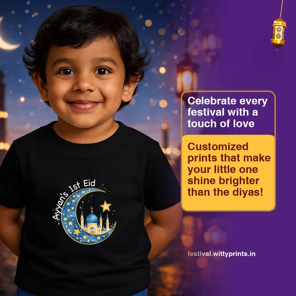Aryan'S_1St_Eid_Black_Cotton_Printed_T-Shirt_For_Kids