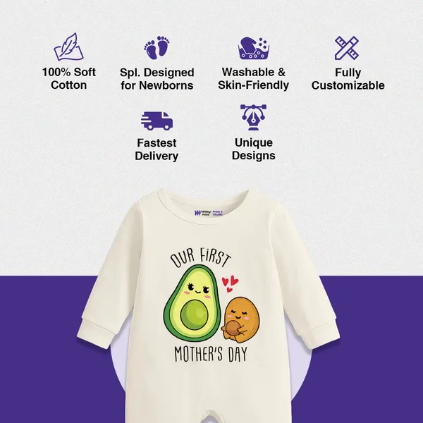 Our_First_Mother'S_Day_Avocado_Print_White_Romper_For_Baby