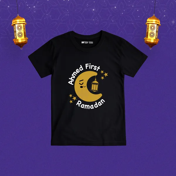 Ahmed_First_Ramadan_Crescent_Moon_Print_Black_Cotton_T-Shirt_For_Baby