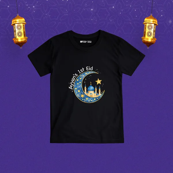 Aryan'S_1St_Eid_Black_Cotton_Printed_T-Shirt_For_Kids