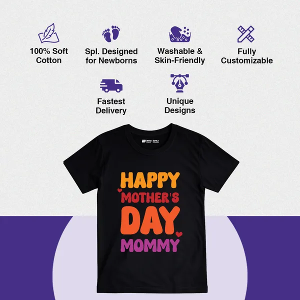 Happy_Mother'S_Day_Mommy_Colorful_Print_Black_T-Shirt_For_Kids