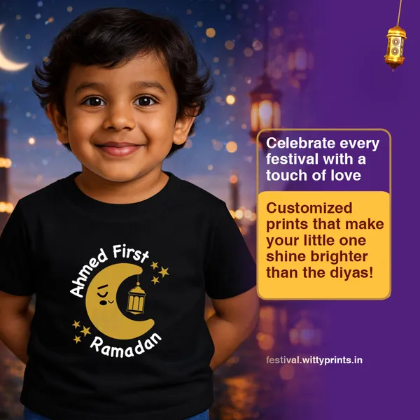 Ahmed_First_Ramadan_Crescent_Moon_Print_Black_Cotton_T-Shirt_For_Baby