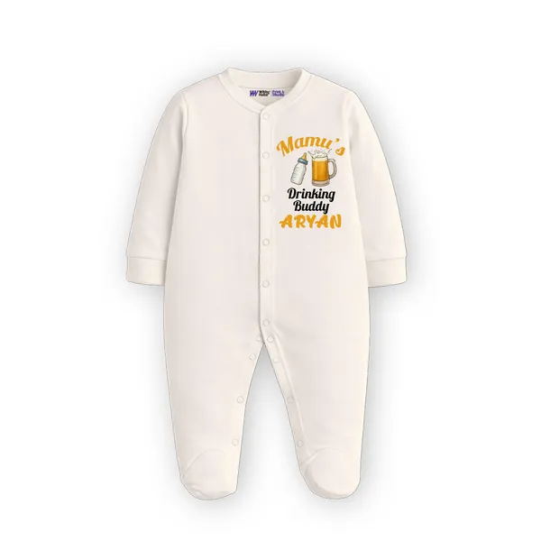 White_Cotton_Mama'S_Drinking_Buddy_Printed_Romper_For_Newborns