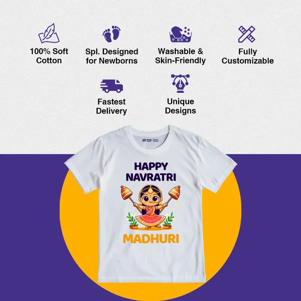 White_Cotton_Happy_Navratri_Madhuri_Printed_T-Shirt_For_Kids