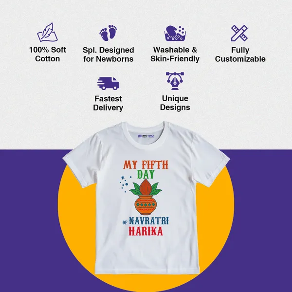White_Cotton_My_Fifth_Day_Of_Navratri_Harika_Print_T-Shirt_For_Kids