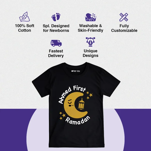 Ahmed_First_Ramadan_Crescent_Moon_Print_Black_Cotton_T-Shirt_For_Baby