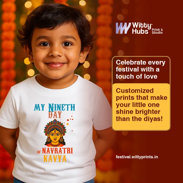 White_Cotton_My_Ninth_Day_Of_Navratri_Kavya_Printed_Kids_T-Shirt