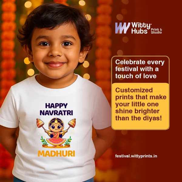 White_Cotton_Happy_Navratri_Madhuri_Printed_T-Shirt_For_Kids