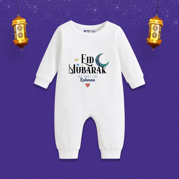 White_Eid_Mubarak_Personalized_Long_Sleeve_Baby_Romper