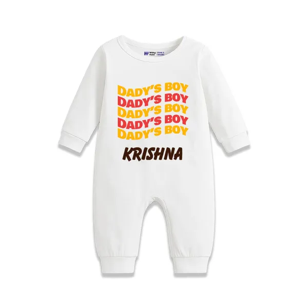 White_Cotton_Daddy'S_Boy_Personalized_Full_Sleeve_Romper