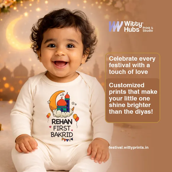 White_Customized_First_Bakrid_Print_Full_Sleeve_Romper_For_Baby