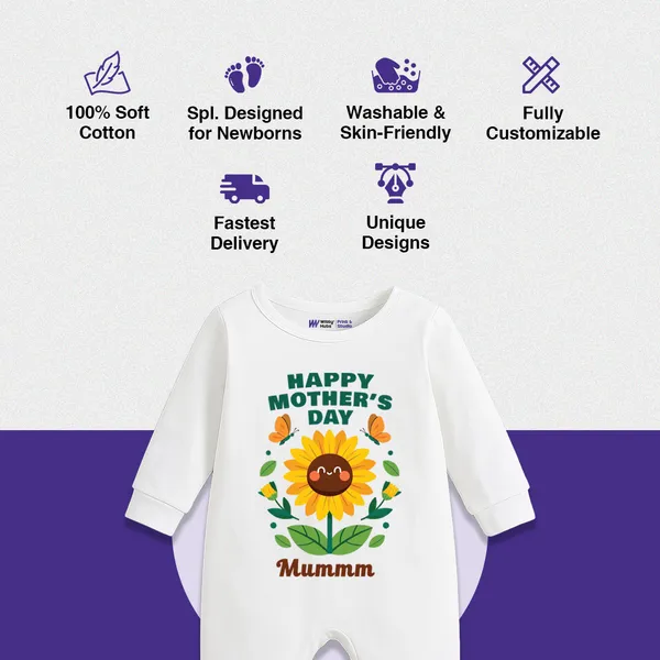 White_Cotton_Happy_Mother'S_Day_Sunflower_Romper_For_Baby