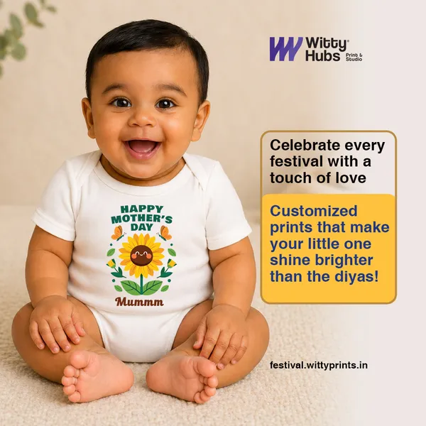 White_Cotton_Happy_Mother'S_Day_Sunflower_Print_Baby_Romper