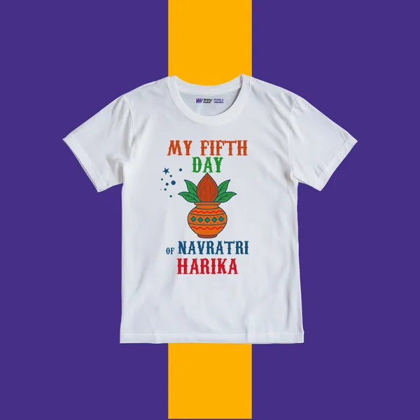 White_Cotton_My_Fifth_Day_Of_Navratri_Harika_Print_T-Shirt_For_Kids