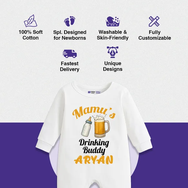 White_Cotton_Mamu'S_Drinking_Buddy_Personalized_Romper_For_Baby