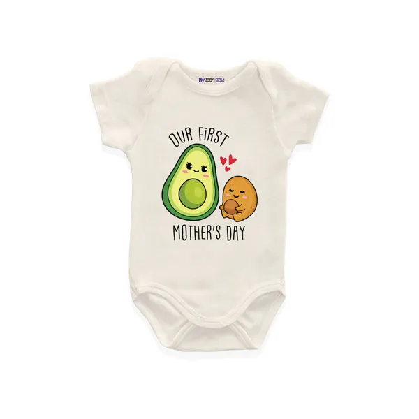 Our_First_Mother'S_Day_Avocado_Print_White_Cotton_Onesie_For_Baby