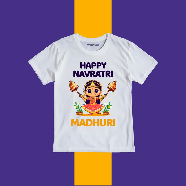 White_Cotton_Happy_Navratri_Madhuri_Printed_T-Shirt_For_Kids