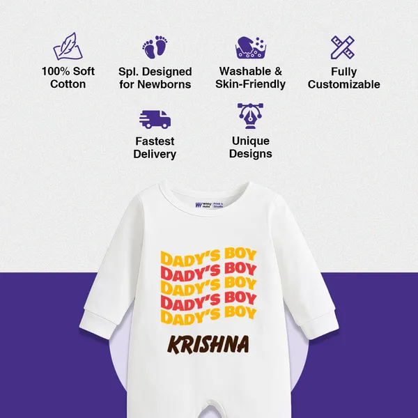 White_Cotton_Daddy'S_Boy_Personalized_Full_Sleeve_Romper
