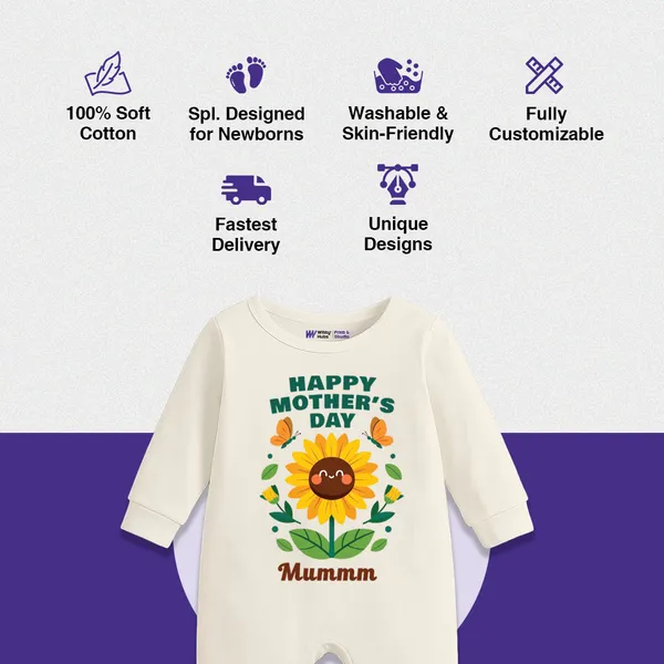 Cream_Happy_Mother'S_Day_Sunflower_Print_Romper_For_Babies