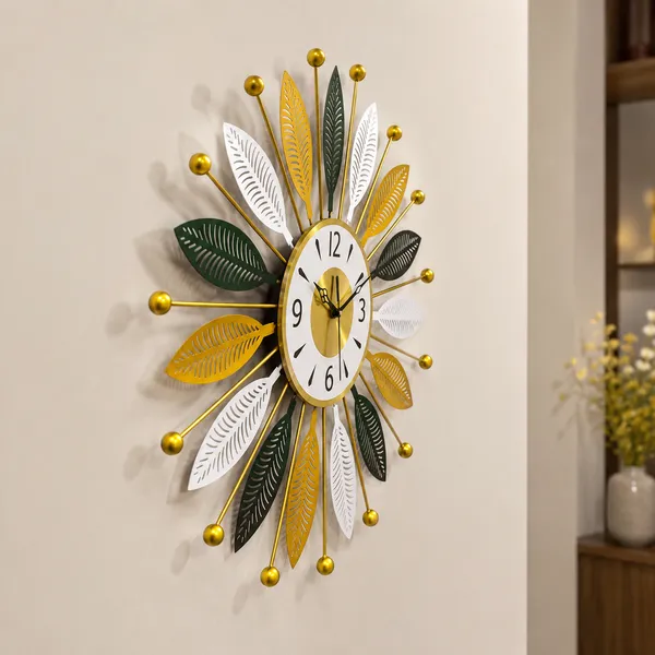24_Inch_Premium_Metal_Wall_Clock_And_Green,_White_And_Gold_Leaf_Design_And_Decorative_Iron_Wall_Clock_And_Modern_Luxury_Silent_Wall_Clock_For_Living_Room,_Bedroom,_Office_And_Home_Décor