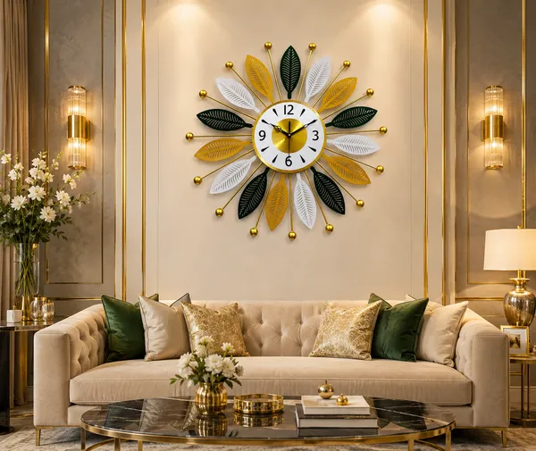 24_Inch_Premium_Metal_Wall_Clock_And_Green,_White_And_Gold_Leaf_Design_And_Decorative_Iron_Wall_Clock_And_Modern_Luxury_Silent_Wall_Clock_For_Living_Room,_Bedroom,_Office_And_Home_Décor