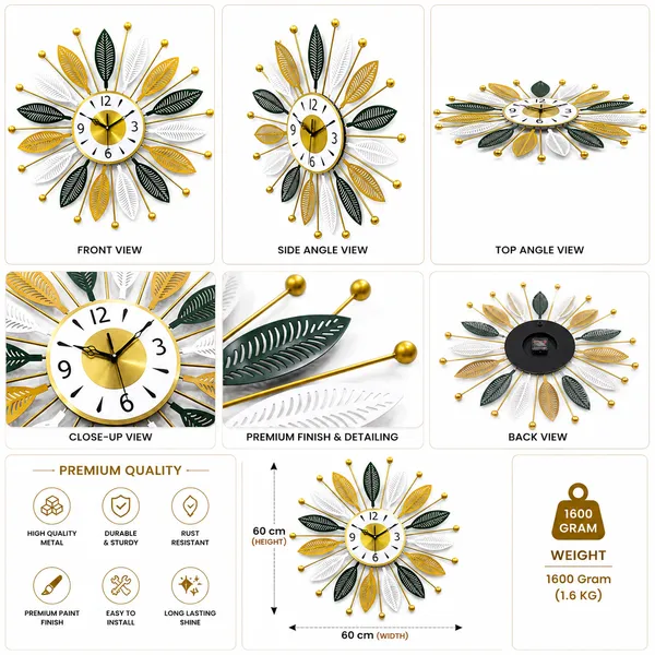 24_Inch_Premium_Metal_Wall_Clock_And_Green,_White_And_Gold_Leaf_Design_And_Decorative_Iron_Wall_Clock_And_Modern_Luxury_Silent_Wall_Clock_For_Living_Room,_Bedroom,_Office_And_Home_Décor