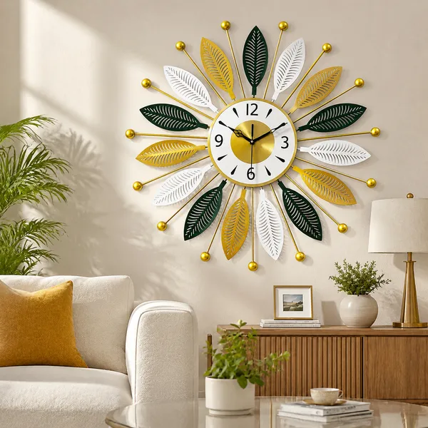 24_Inch_Premium_Metal_Wall_Clock_And_Green,_White_And_Gold_Leaf_Design_And_Decorative_Iron_Wall_Clock_And_Modern_Luxury_Silent_Wall_Clock_For_Living_Room,_Bedroom,_Office_And_Home_Décor