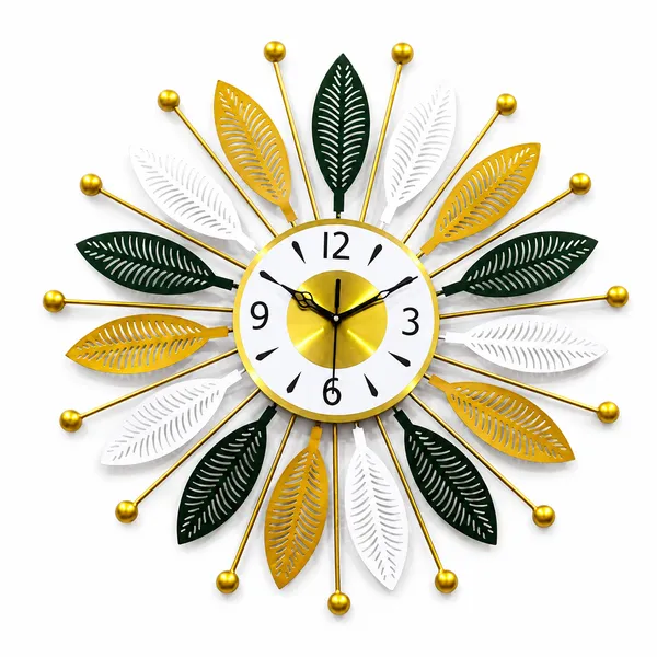 24_Inch_Premium_Metal_Wall_Clock_And_Green,_White_And_Gold_Leaf_Design_And_Decorative_Iron_Wall_Clock_And_Modern_Luxury_Silent_Wall_Clock_For_Living_Room,_Bedroom,_Office_And_Home_Décor