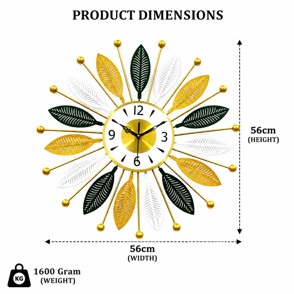 24_Inch_Premium_Metal_Wall_Clock_And_Green,_White_And_Gold_Leaf_Design_And_Decorative_Iron_Wall_Clock_And_Modern_Luxury_Silent_Wall_Clock_For_Living_Room,_Bedroom,_Office_And_Home_Décor