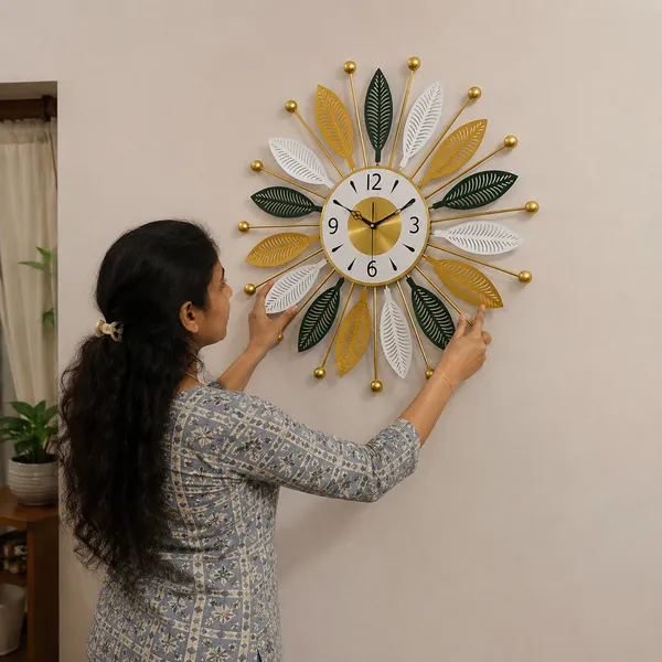 24_Inch_Premium_Metal_Wall_Clock_And_Green,_White_And_Gold_Leaf_Design_And_Decorative_Iron_Wall_Clock_And_Modern_Luxury_Silent_Wall_Clock_For_Living_Room,_Bedroom,_Office_And_Home_Décor