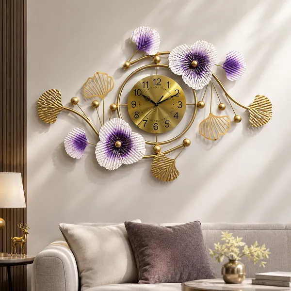 Luxury_Purple_Floral_Metal_Wall_Clock_For_Living_Room_And_Gold_Iron_Decorative_Analog_Quartz_Wall_Clock_And_Modern_Wall_Hanging_Home_Décor_And_Purple,_White_And_Gold_And_27_X_21_Cm_And_1600_G