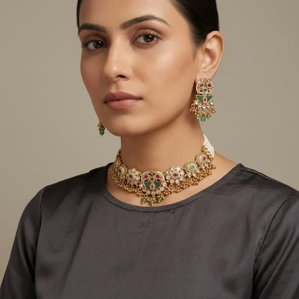 Gold_Plated_Kundan_Polki_Choker_Necklace_Set_with_Earrings