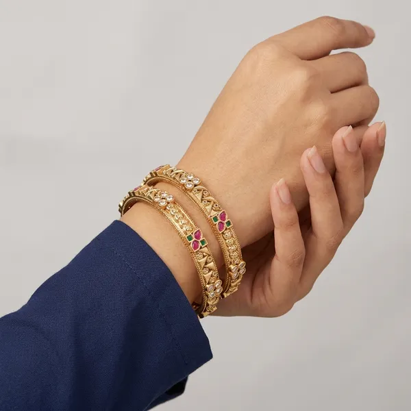 Golden_Floral_Embossed_Bangles_with_Pink_and_Green_Stones