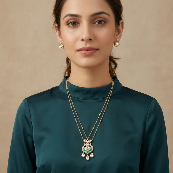 Gold_Plated_Green_Stone_Layered_Pendant_Necklace_With_Earrings