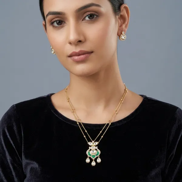 Gold_Plated_Green_Stone_Layered_Pendant_Necklace_With_Earrings