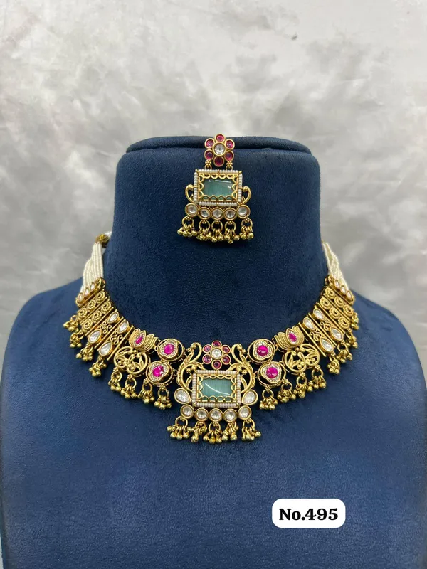 Gold_Plated_Kundan_Meenakari_Choker_Necklace_Set_with_earings