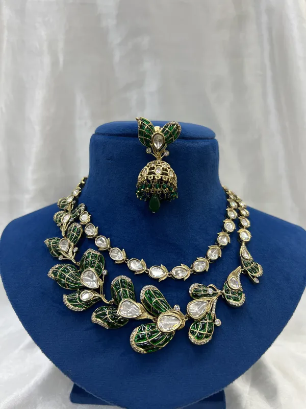 Green_Enamel_Kundan_Peacock_Necklace_Set_with__Earrings
