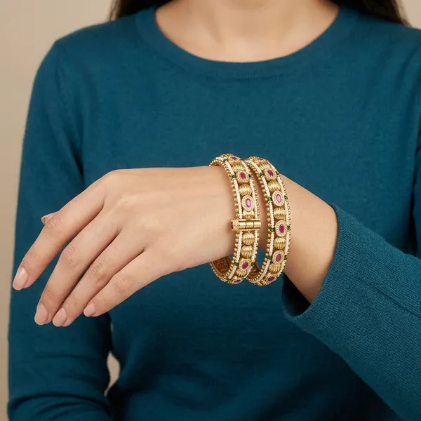 Gold_Plated_Ruby_Studded_Antique_Finish_Bangles_for_Women