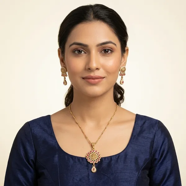 Gold_Plated_Pink_Stone_Floral_Pendant_Necklace_Set_for_Women