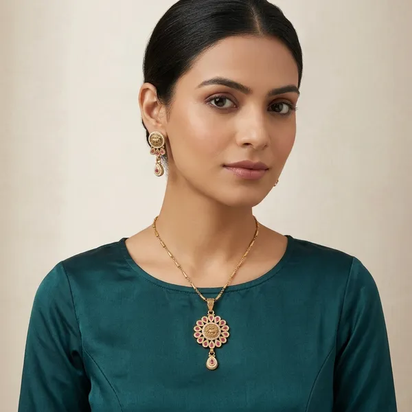 Gold_Plated_Pink_Stone_Floral_Pendant_Necklace_Set_for_Women