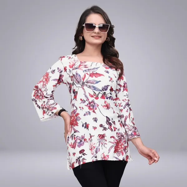 White_Rayon_Digital_Printed_Crochet_Lace_Border_Tunic_For_Women