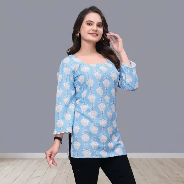 Blue_Rayon_Digital_Printed_Crochet_Lace_Border_Tunic_For_Women