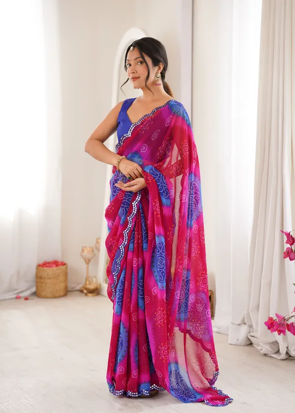 Pink_And_Blue_Georgette_Bandhani_Mirror_Work_Saree_For_Women