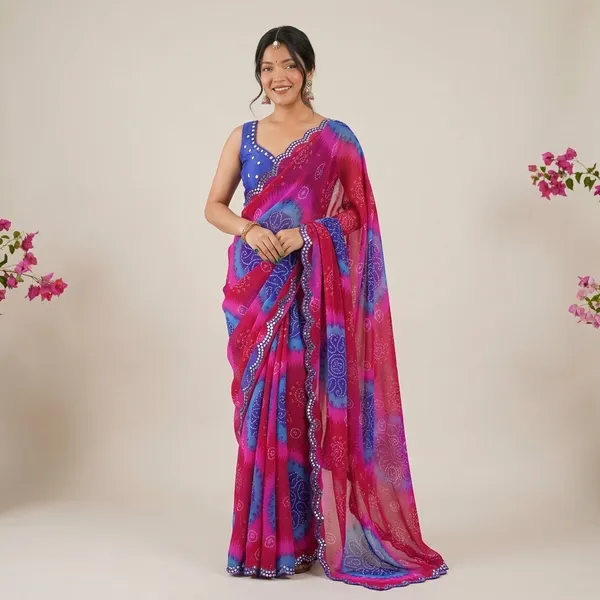 Pink_And_Blue_Georgette_Bandhani_Mirror_Work_Saree_For_Women